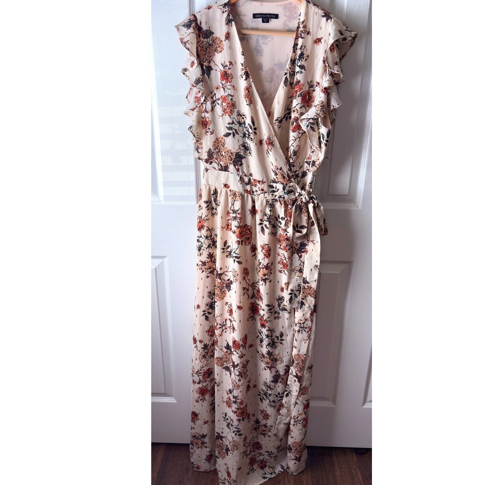 BOSTON PROPER Cream Fall Floral Metallic  Chiffon Boho Wrap Maxi Dress XL